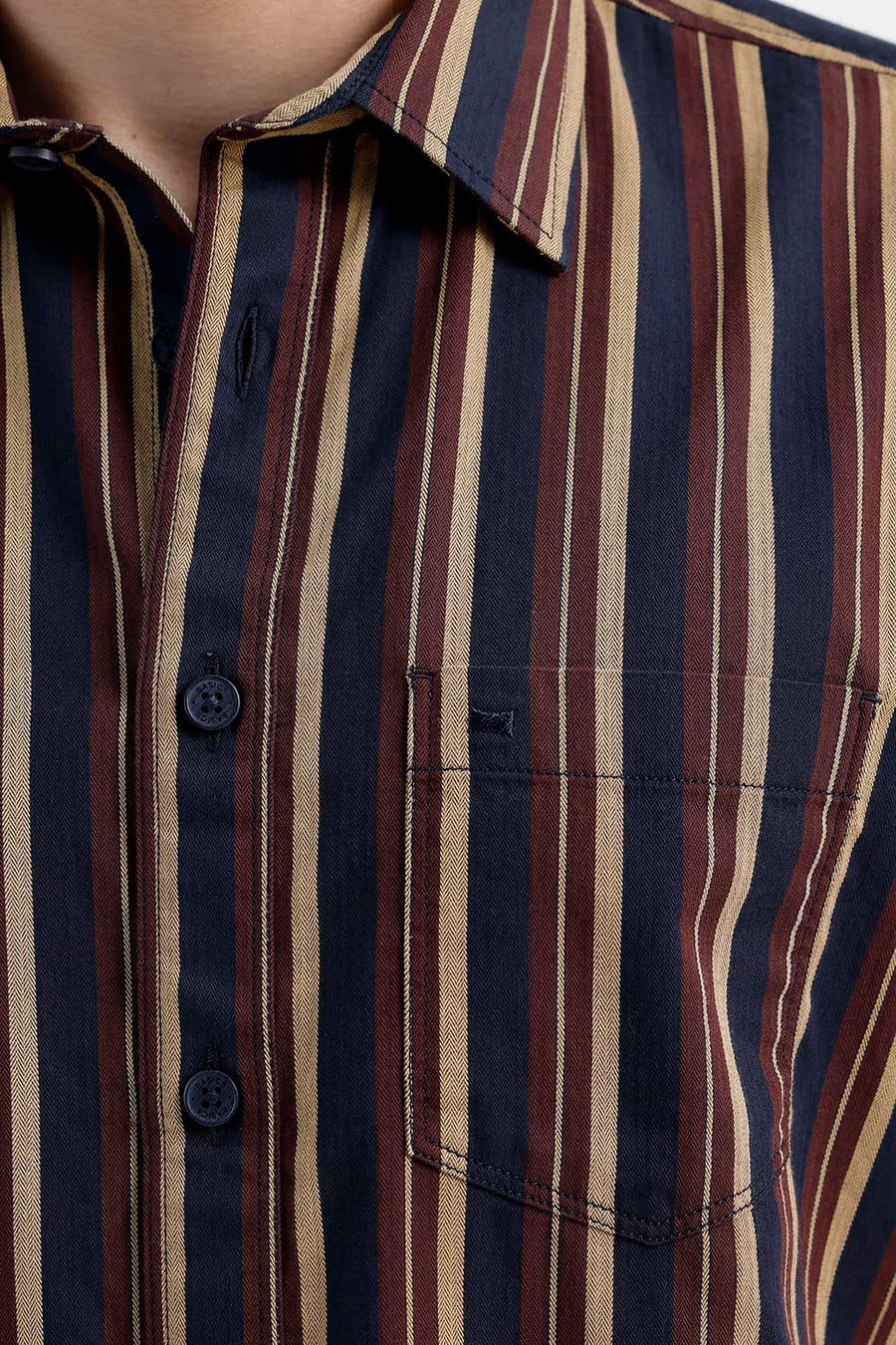 BASICS SLIM FIT PAGEANT BLUE COTTON HERRING BONE STRIPE HALFSLEEVES SHIRT