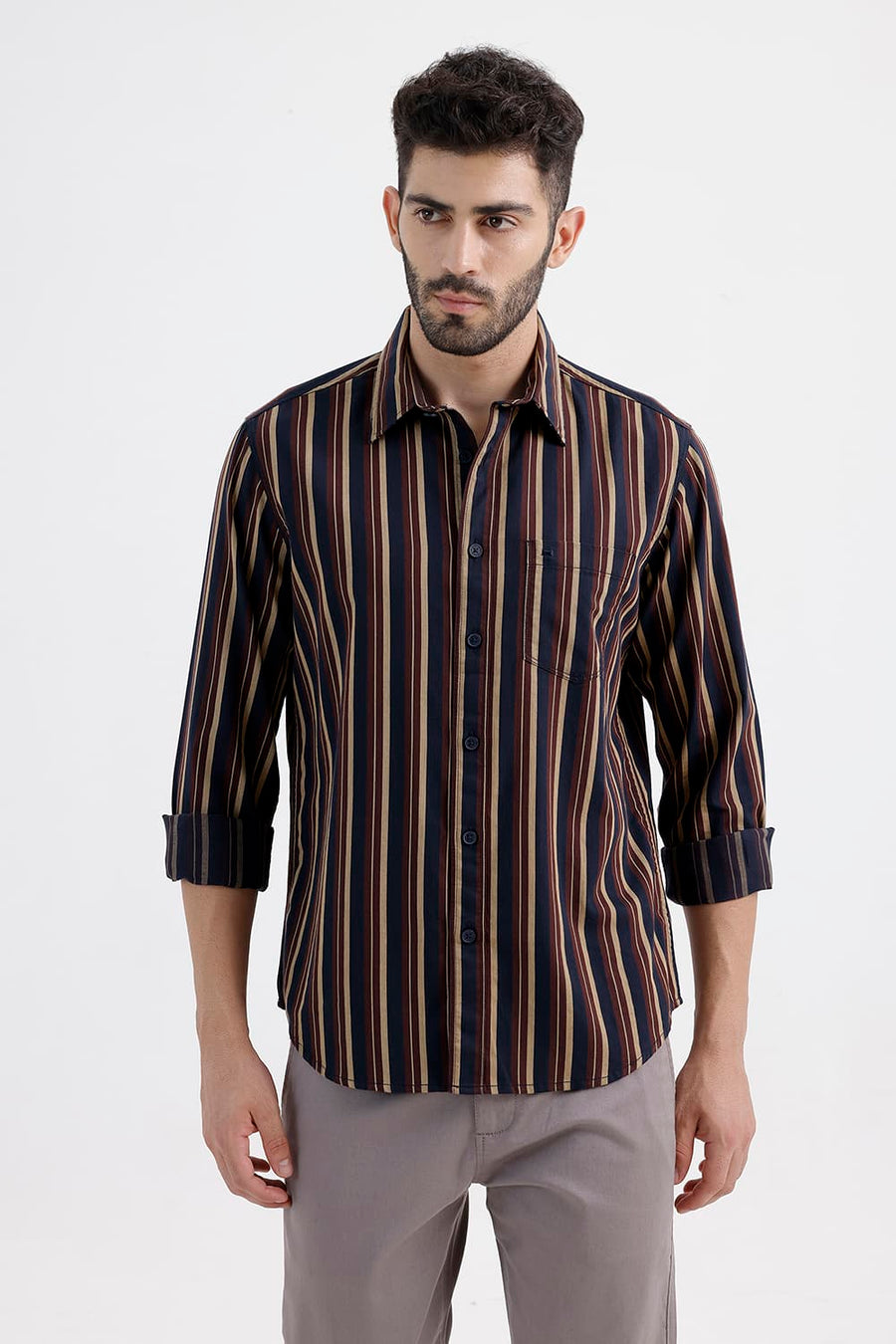 BASICS SLIM FIT PAGEANT BLUE COTTON HERRING BONE STRIPE SHIRT