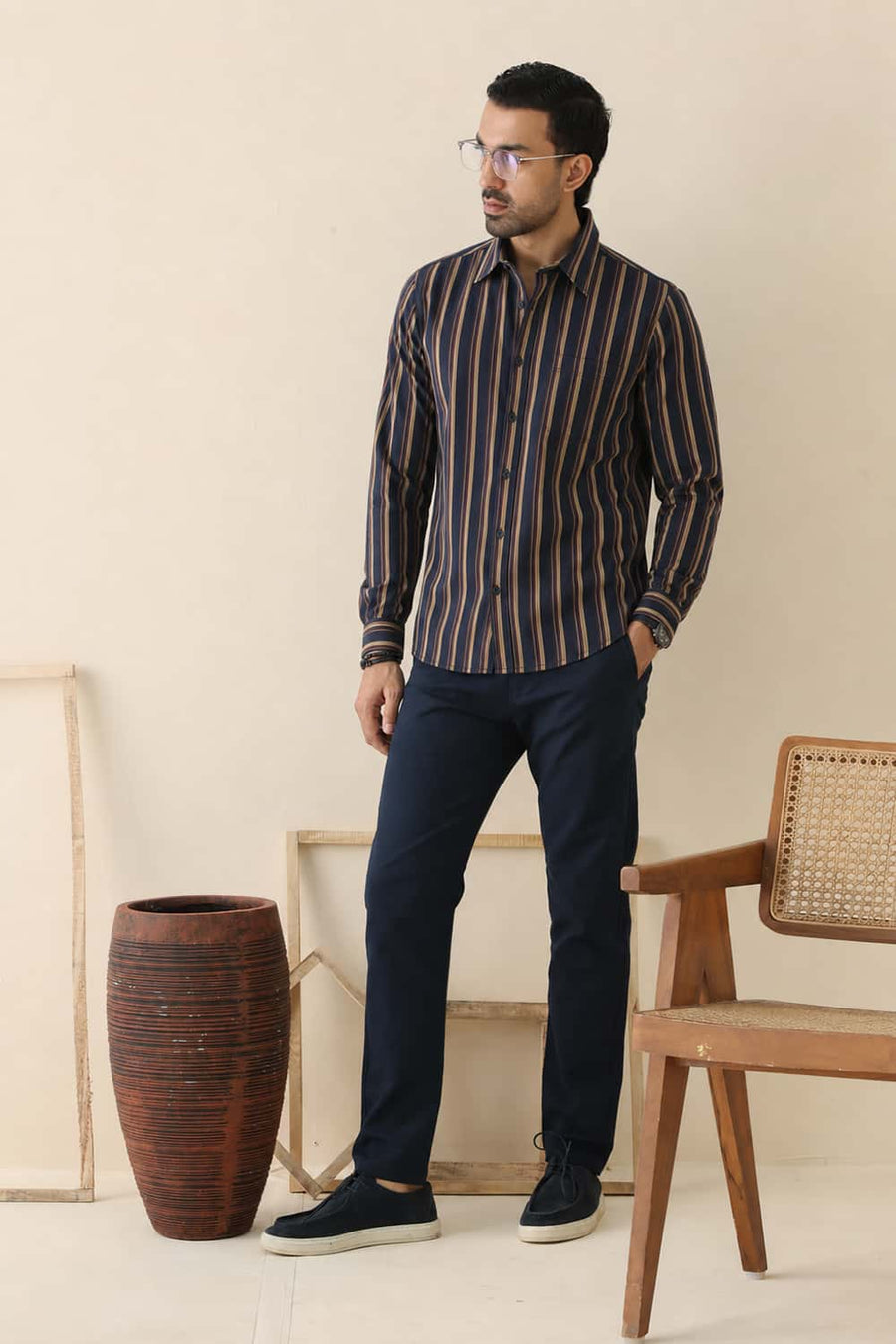 Basics Slim Fit Pageant Blue Cotton Herring Bone Stripe Shirt