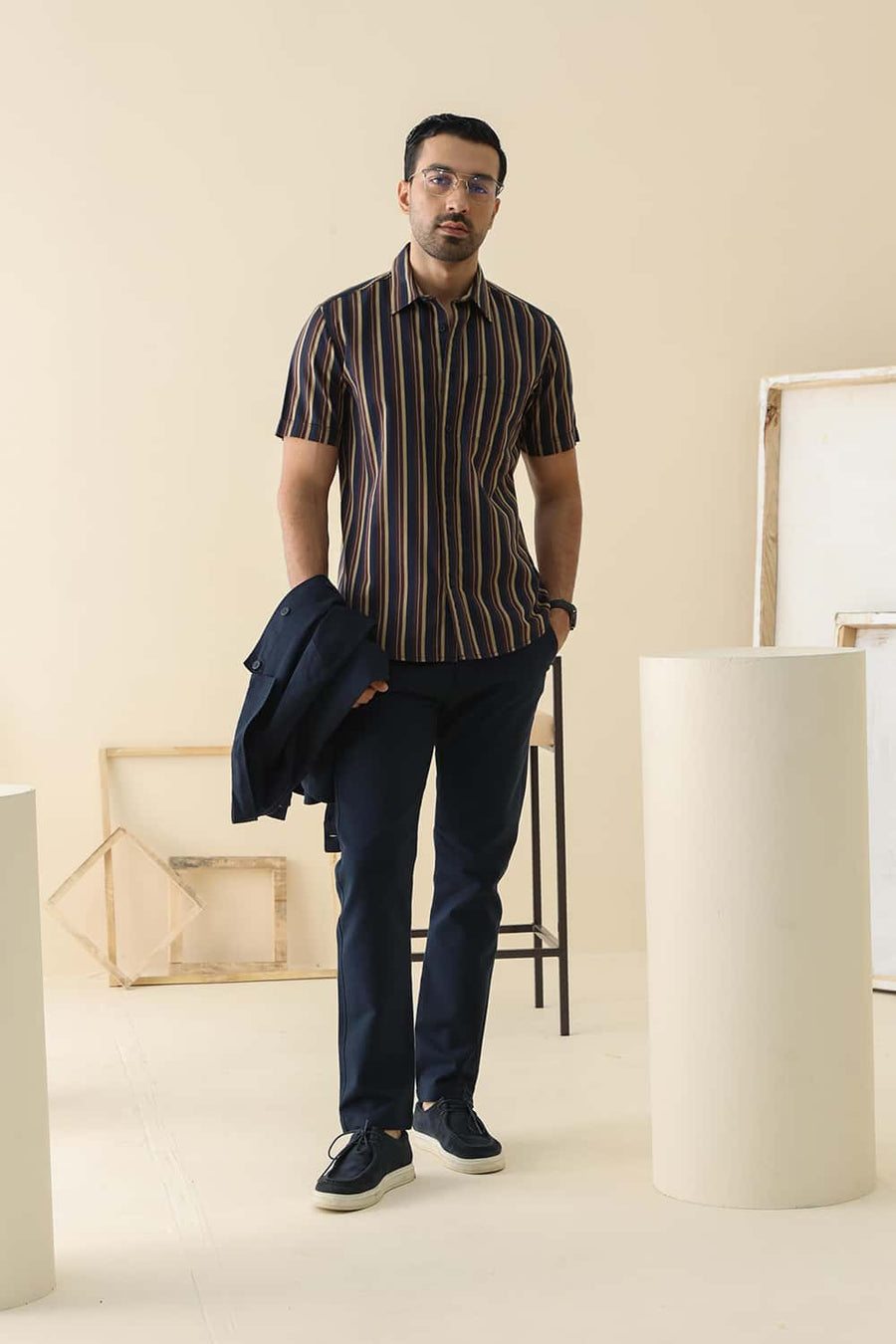 Basics Slim Fit Pageant Blue Cotton Herring Bone Stripe Halfsleeves Shirt