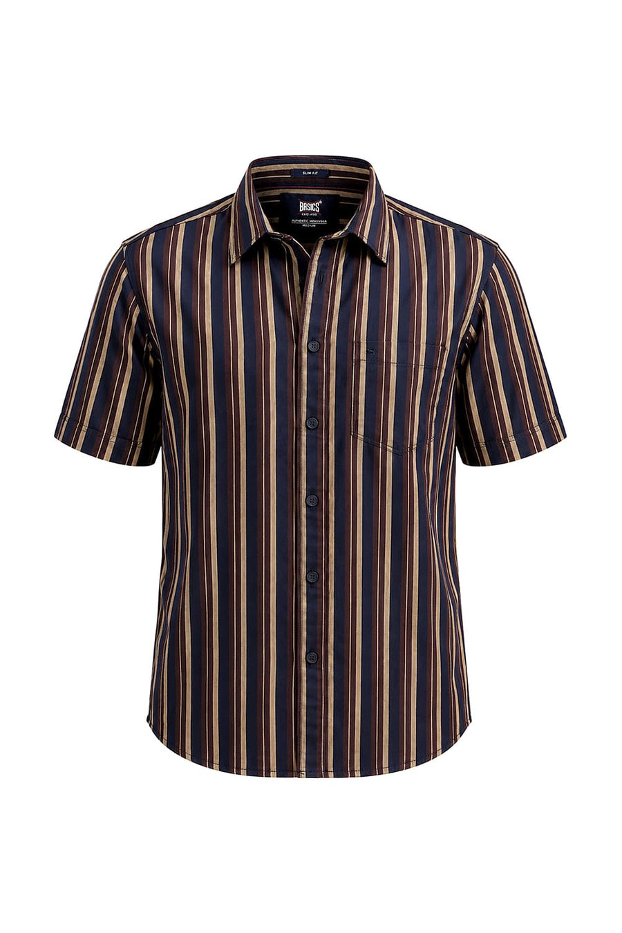 BASICS SLIM FIT PAGEANT BLUE COTTON HERRING BONE STRIPE HALFSLEEVES SHIRT