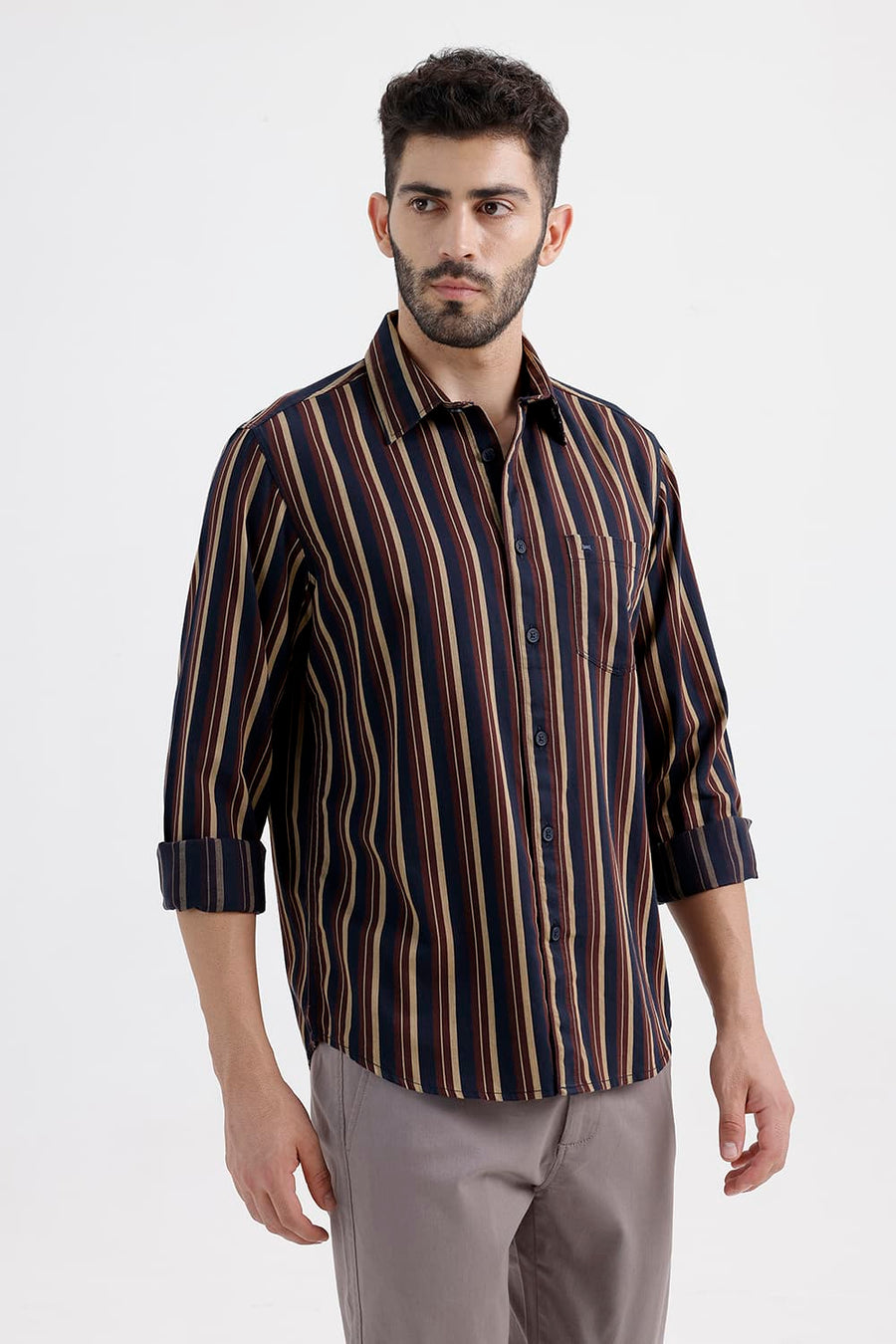 BASICS SLIM FIT PAGEANT BLUE COTTON HERRING BONE STRIPE SHIRT