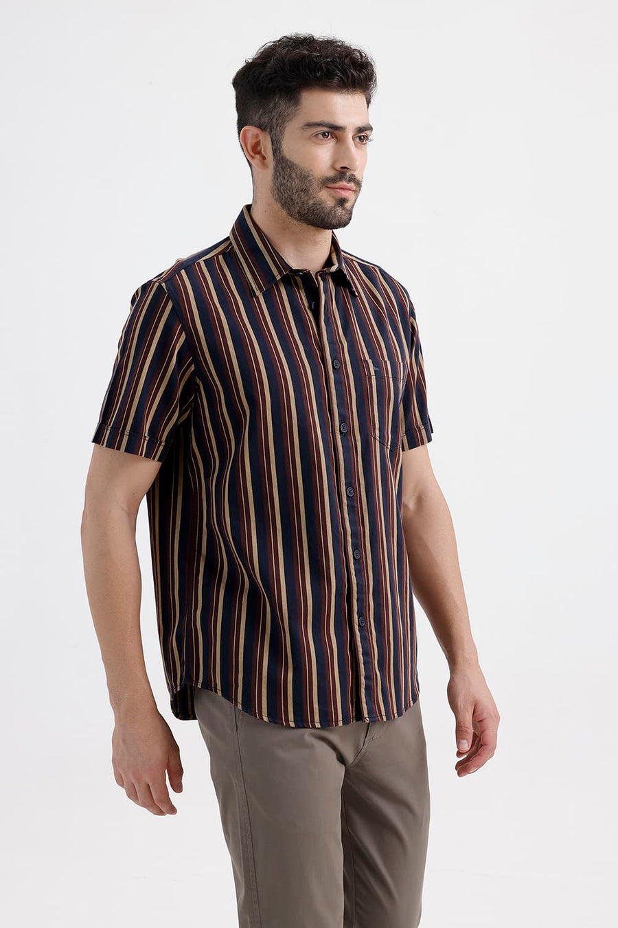BASICS SLIM FIT PAGEANT BLUE COTTON HERRING BONE STRIPE HALFSLEEVES SHIRT