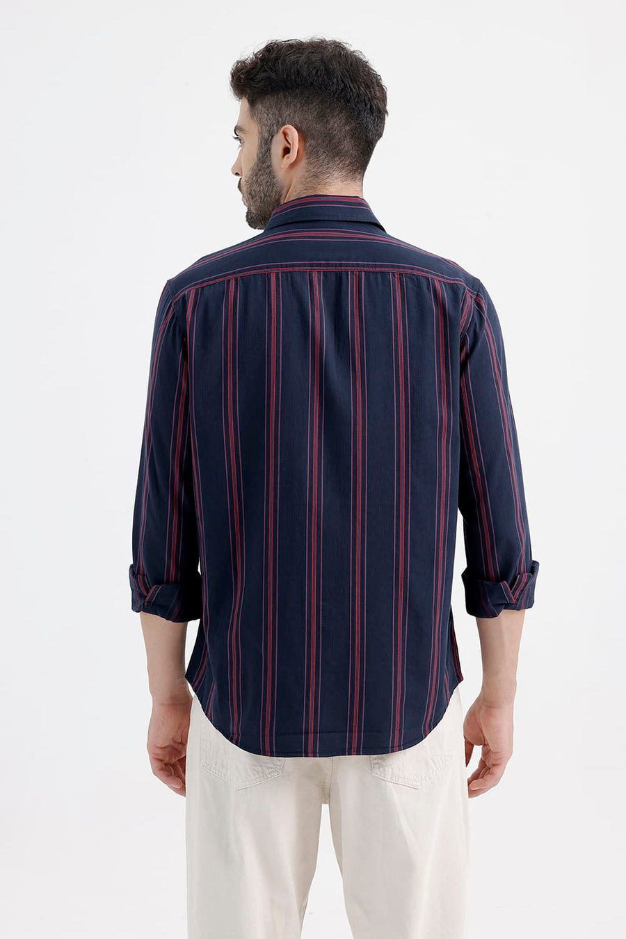 BASICS SLIM FIT PAGEANT NAVY COTTON HERRING BONE STRIPE SHIRT