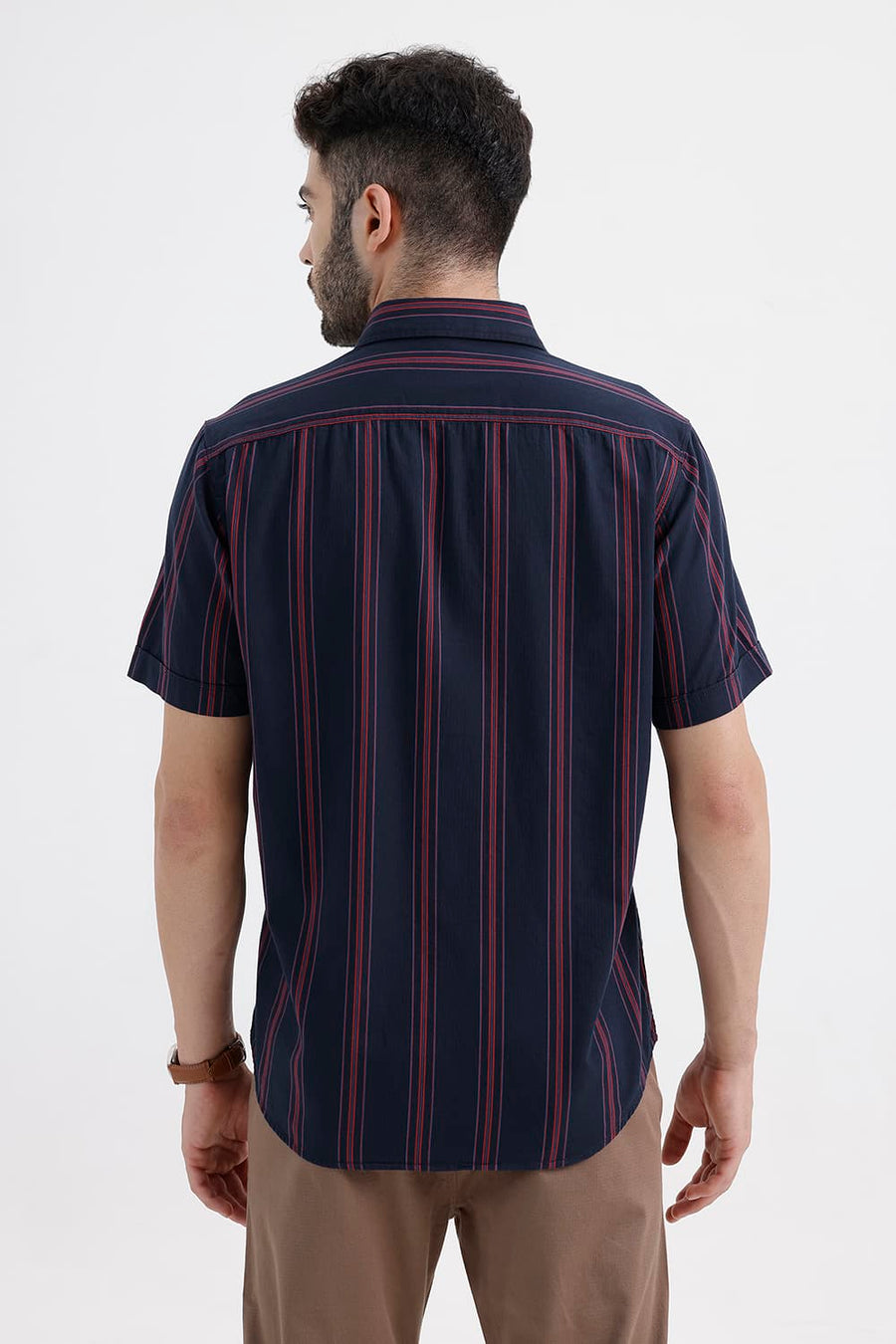 BASICS SLIM FIT PAGEANT NAVY COTTON HERRING BONE STRIPE HALFSLEEVES SHIRT