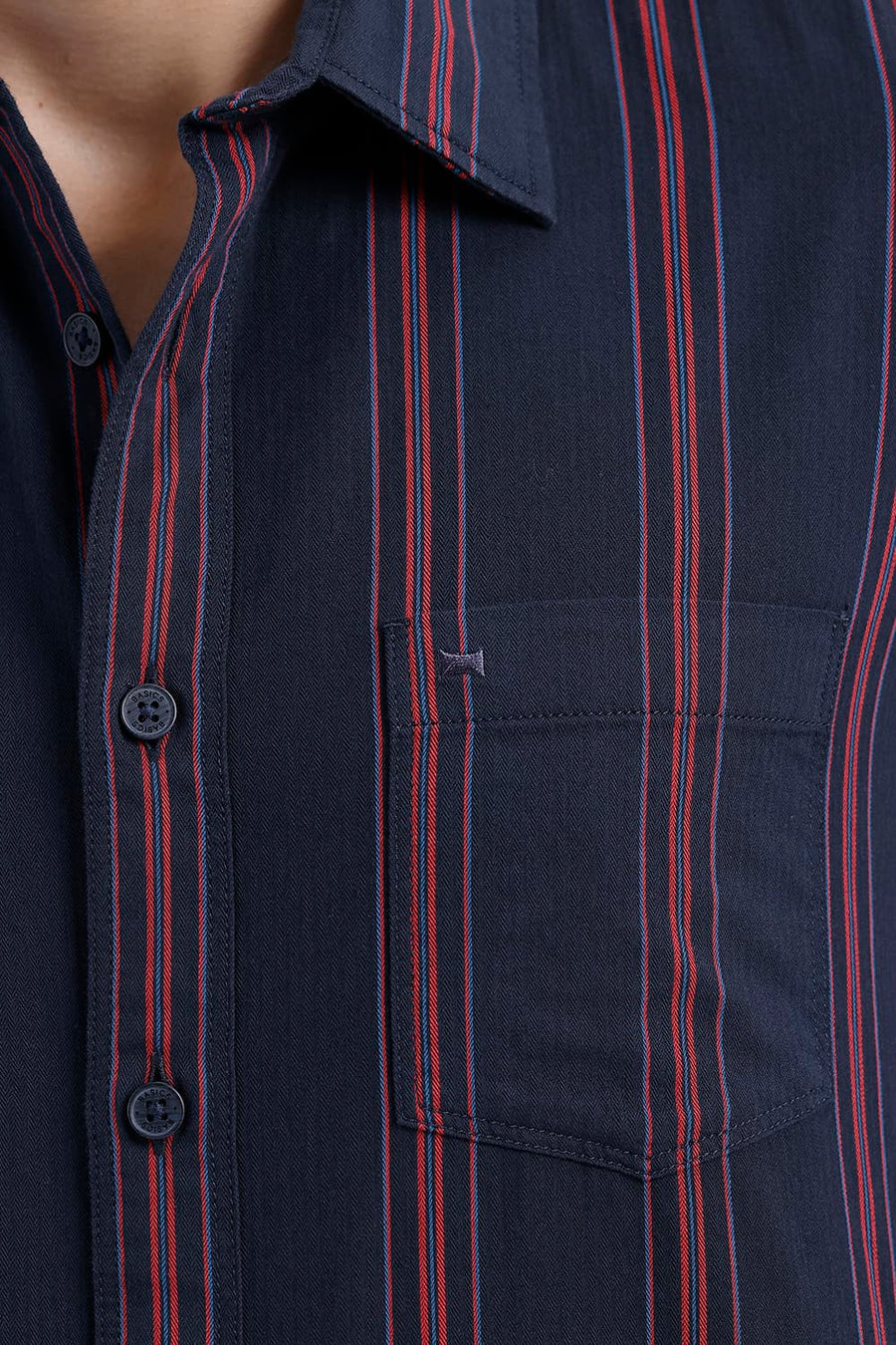BASICS SLIM FIT PAGEANT NAVY COTTON HERRING BONE STRIPE SHIRT