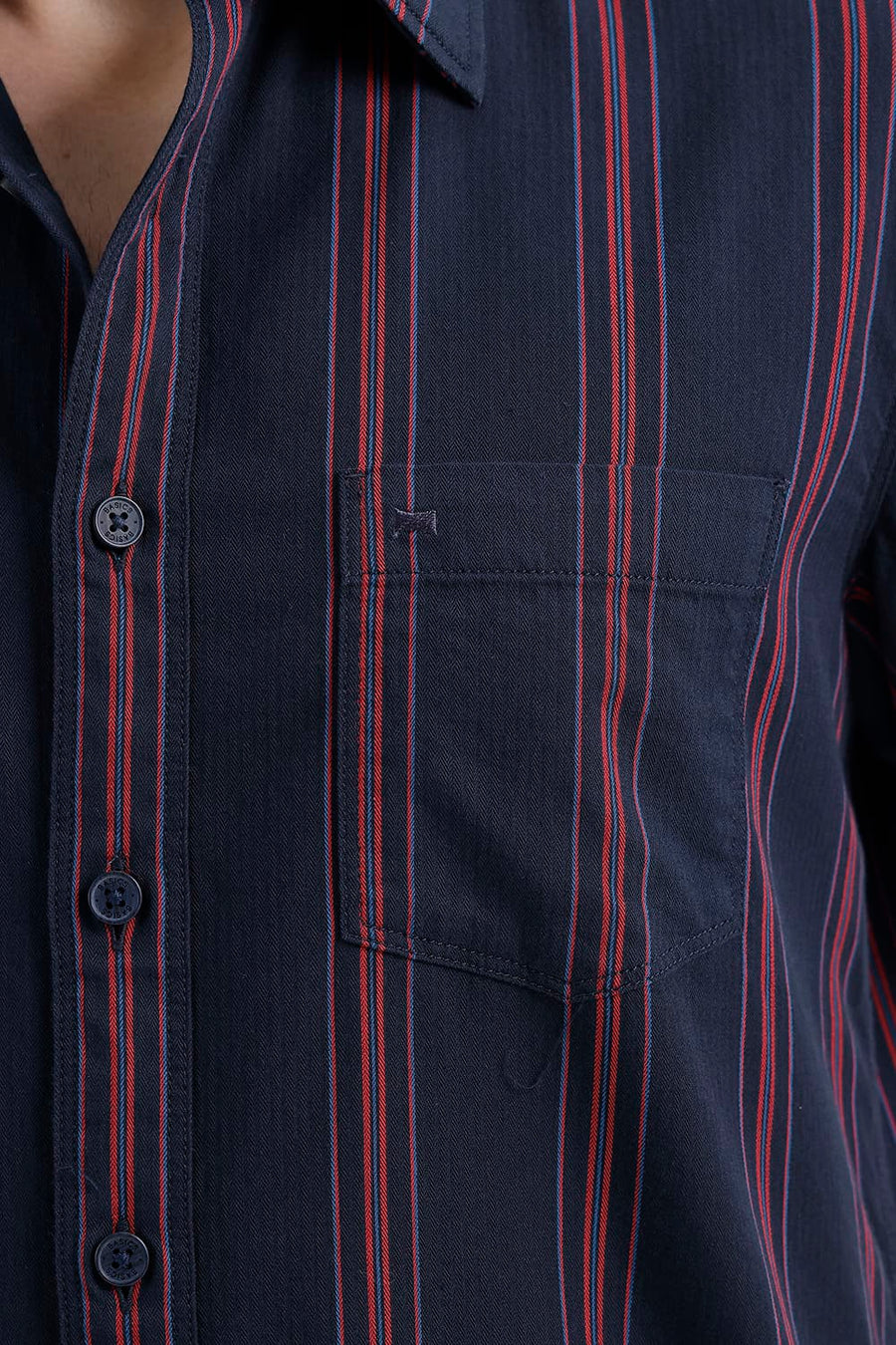 BASICS SLIM FIT PAGEANT NAVY COTTON HERRING BONE STRIPE HALFSLEEVES SHIRT