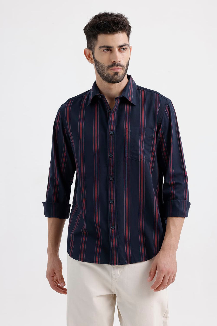 BASICS SLIM FIT PAGEANT NAVY COTTON HERRING BONE STRIPE SHIRT