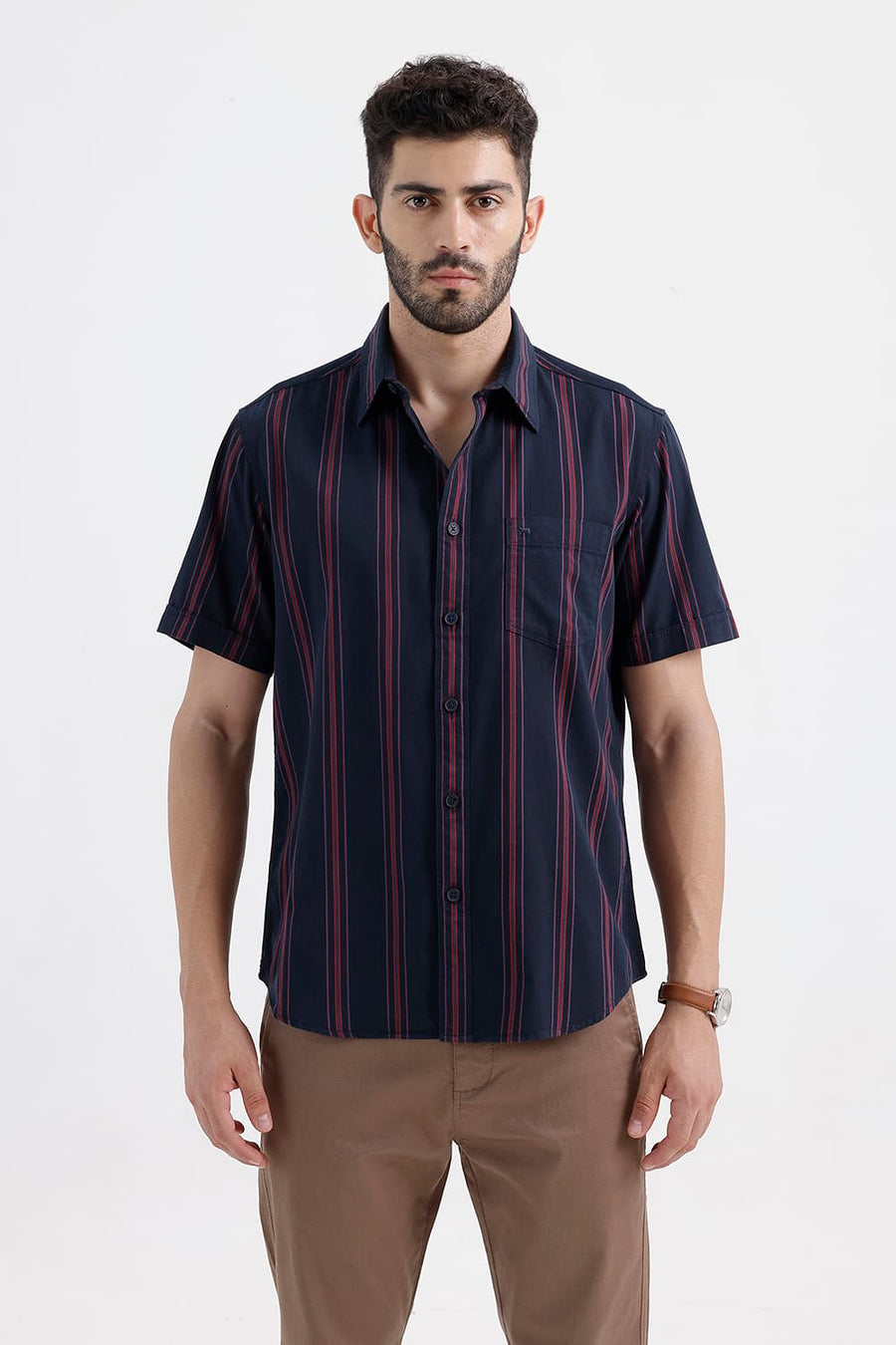 BASICS SLIM FIT PAGEANT NAVY COTTON HERRING BONE STRIPE HALFSLEEVES SHIRT