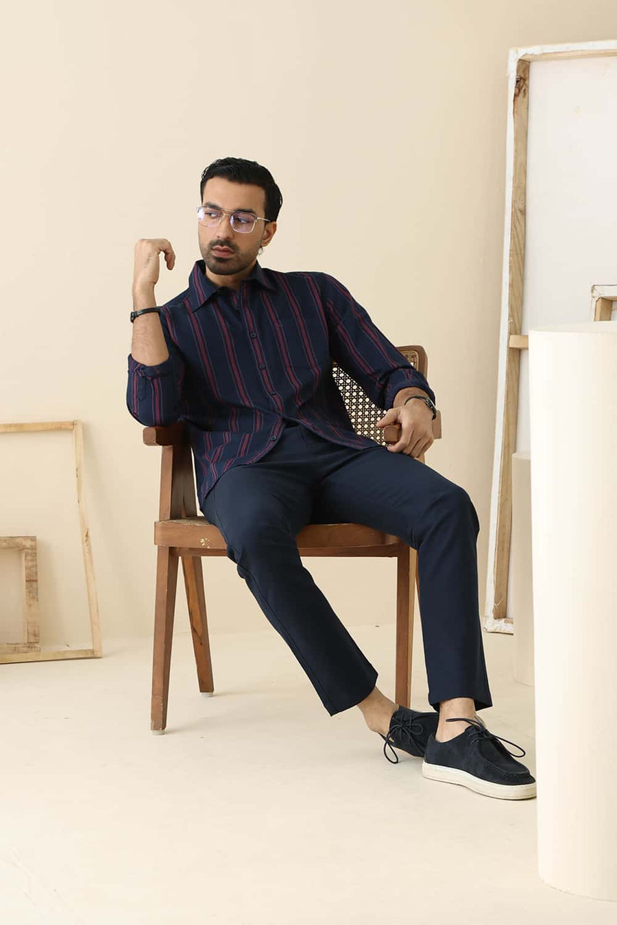 Basics Slim Fit Pageant Navy Cotton Herring Bone Stripe Shirt