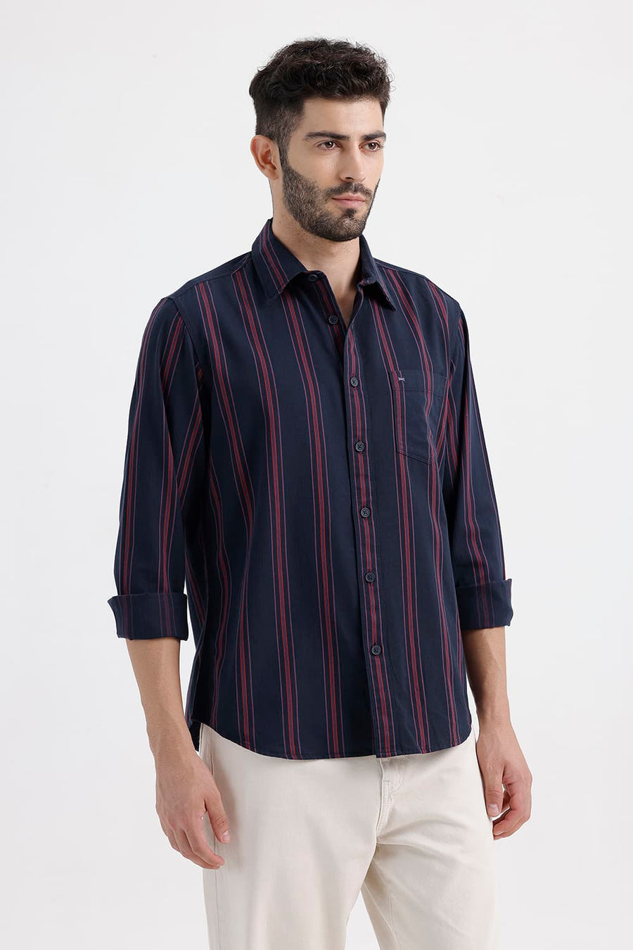 BASICS SLIM FIT PAGEANT NAVY COTTON HERRING BONE STRIPE SHIRT