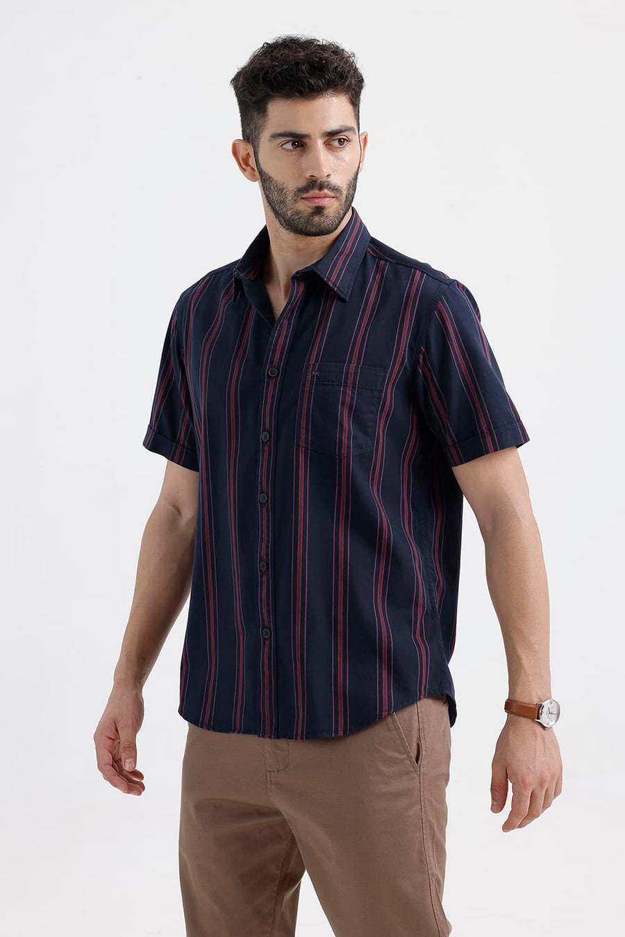 BASICS SLIM FIT PAGEANT NAVY COTTON HERRING BONE STRIPE HALFSLEEVES SHIRT