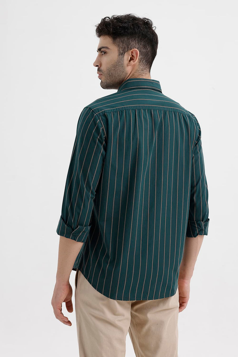 BASICS SLIM FIT BALSAM GREEN COTTON STRIPE SHIRT