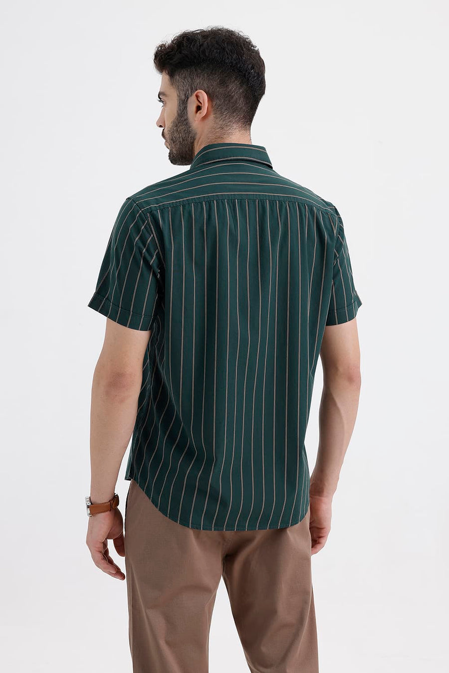 BASICS SLIM FIT BALSAM GREEN COTTON STRIPE HALFSLEEVES SHIRT