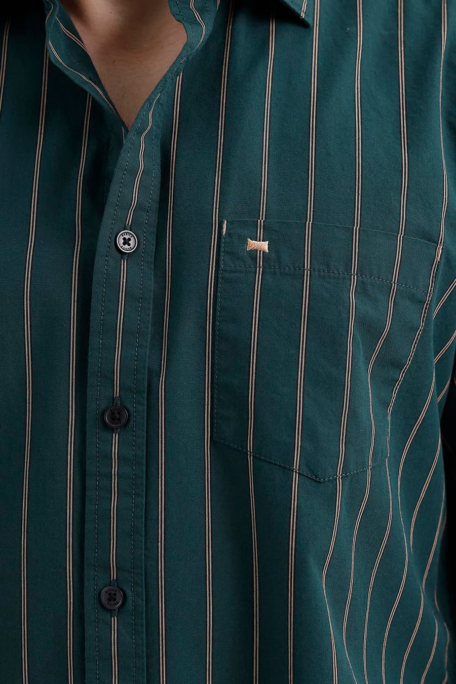 BASICS SLIM FIT BALSAM GREEN COTTON STRIPE SHIRT