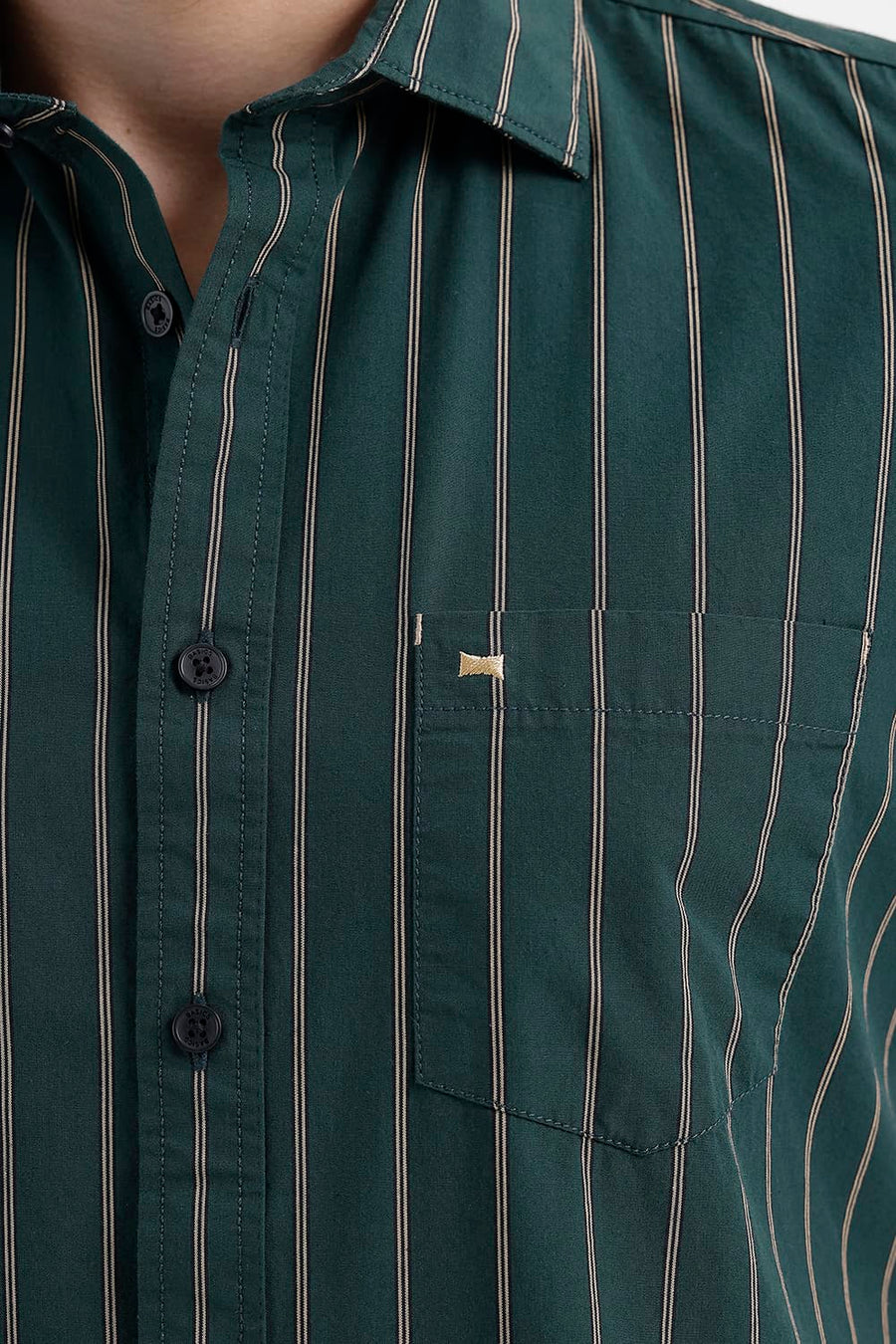 BASICS SLIM FIT BALSAM GREEN COTTON STRIPE HALFSLEEVES SHIRT