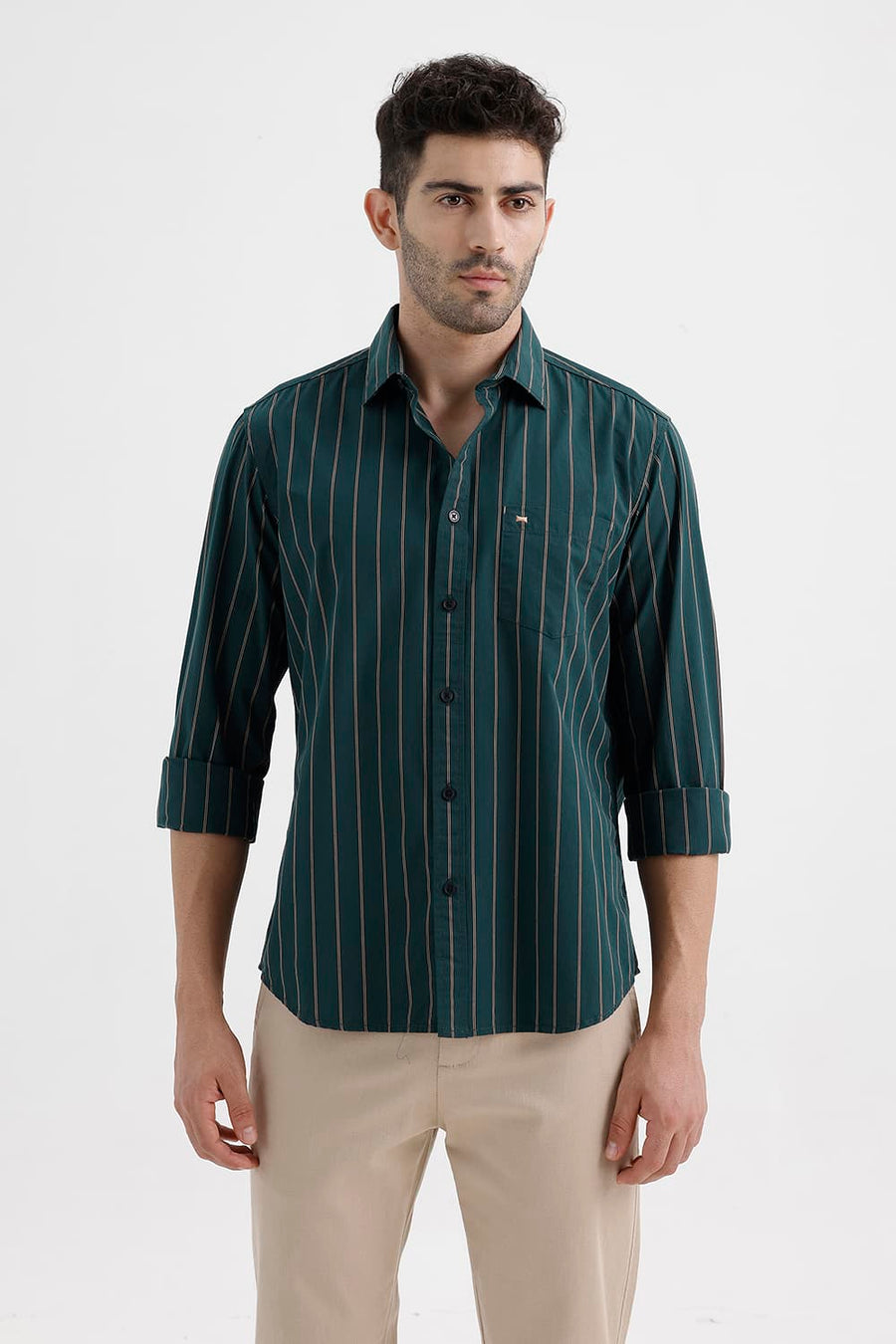 BASICS SLIM FIT BALSAM GREEN COTTON STRIPE SHIRT