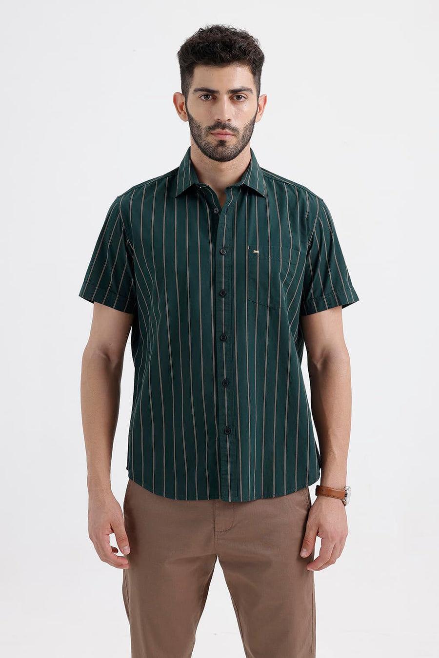 BASICS SLIM FIT BALSAM GREEN COTTON STRIPE HALFSLEEVES SHIRT