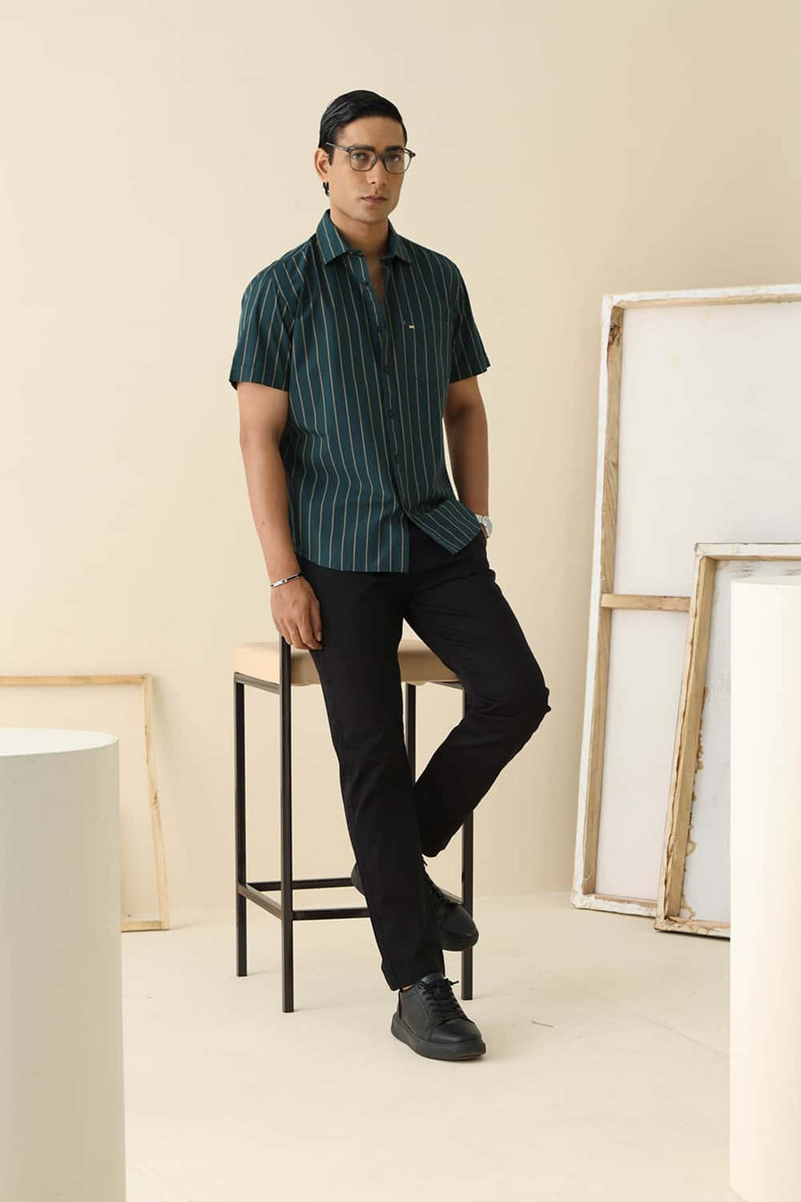 Basics Slim Fit Balsam Green Cotton Stripe Halfsleeves Shirt