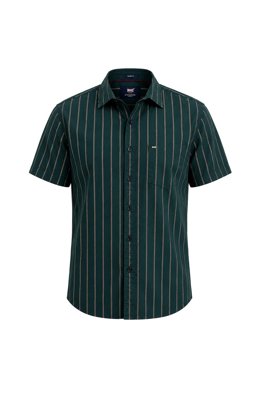 BASICS SLIM FIT BALSAM GREEN COTTON STRIPE HALFSLEEVES SHIRT