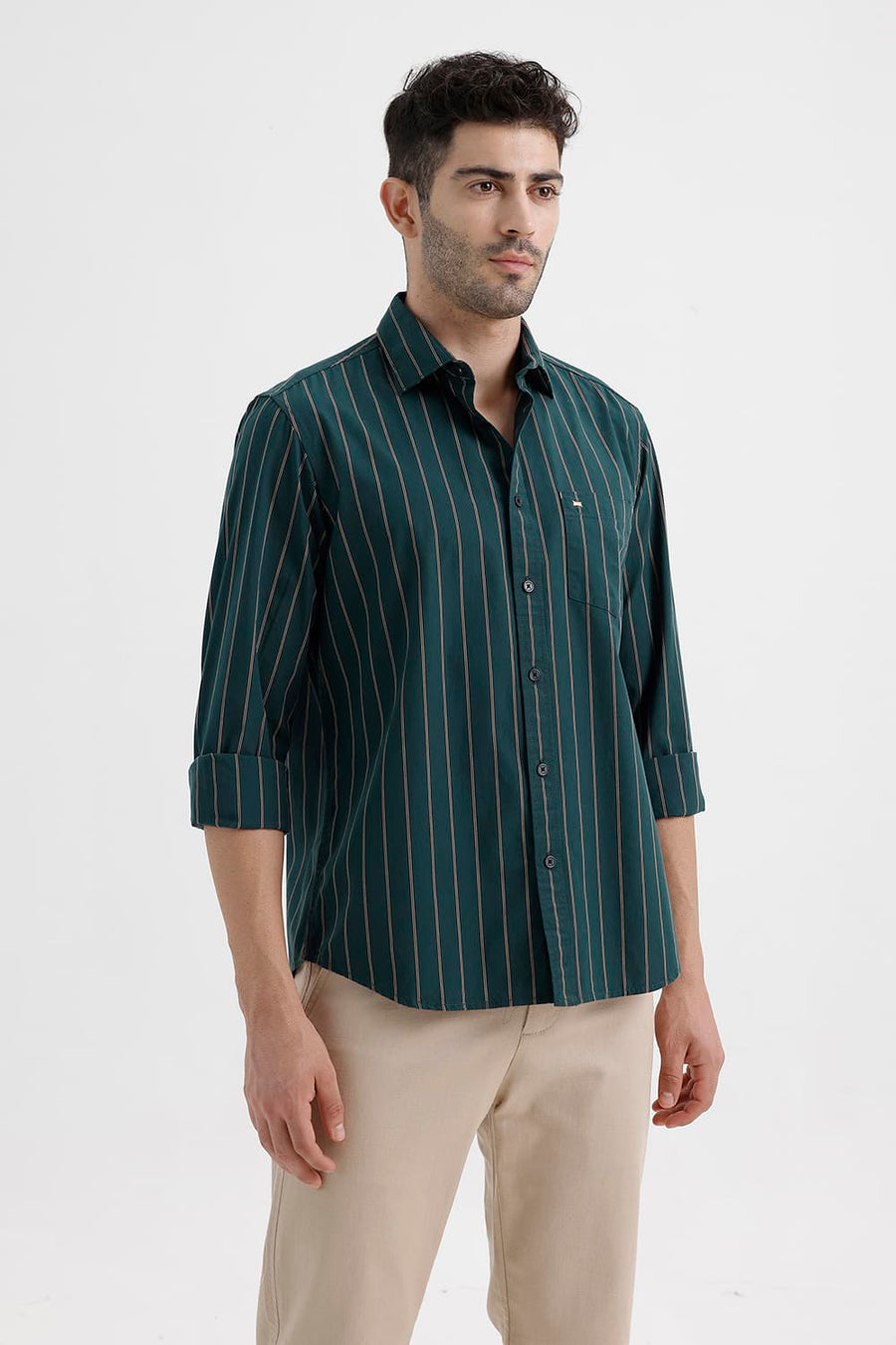 BASICS SLIM FIT BALSAM GREEN COTTON STRIPE SHIRT