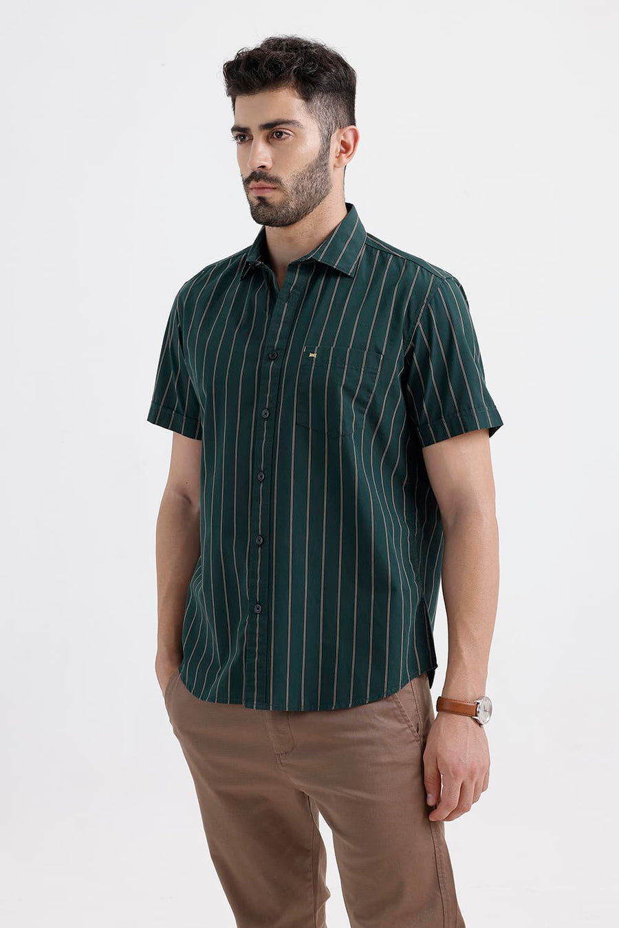 BASICS SLIM FIT BALSAM GREEN COTTON STRIPE HALFSLEEVES SHIRT