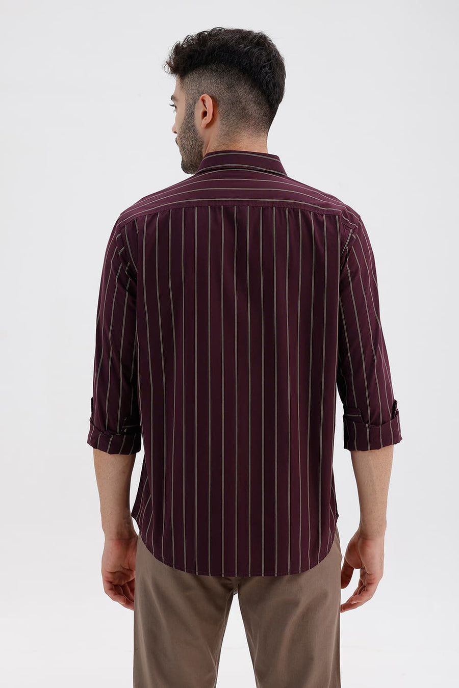 BASICS SLIM FIT FIG WINE COTTON STRIPE SHIRT