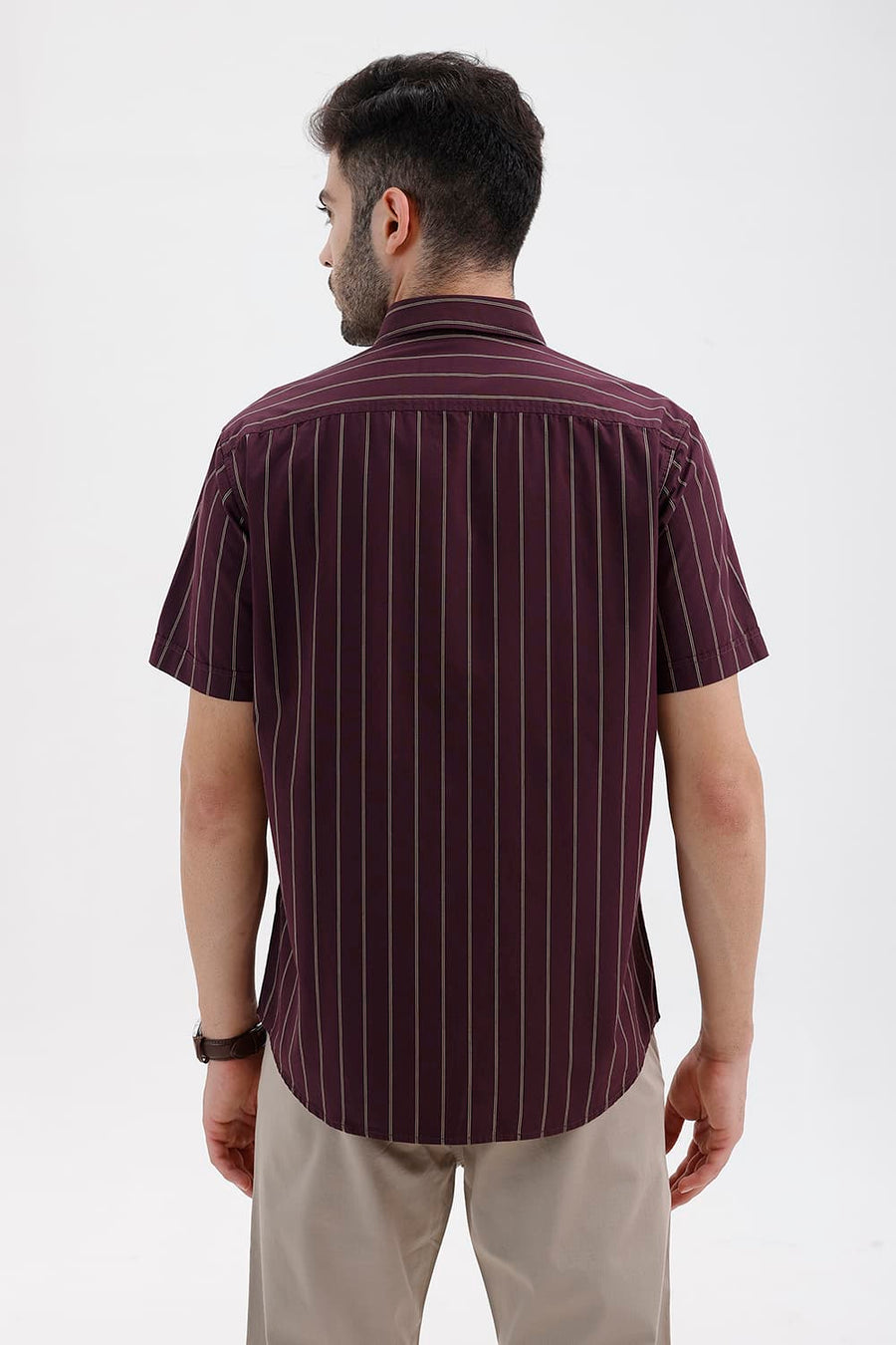 BASICS SLIM FIT FIG WINE COTTON STRIPE HALFSLEEVES SHIRT