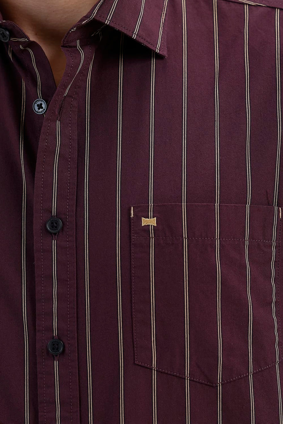 BASICS SLIM FIT FIG WINE COTTON STRIPE HALFSLEEVES SHIRT