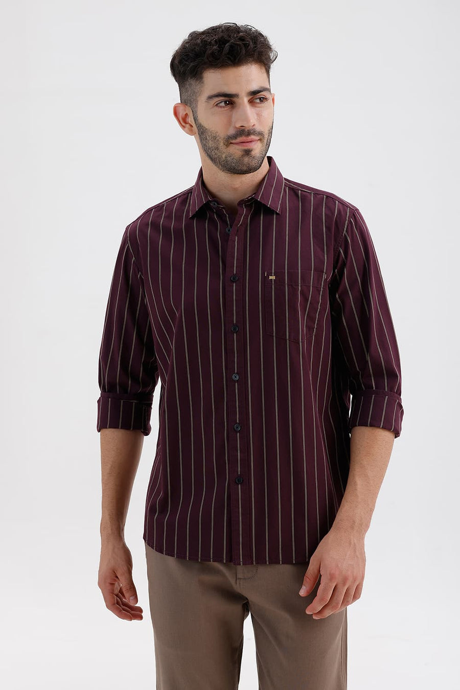 BASICS SLIM FIT FIG WINE COTTON STRIPE SHIRT
