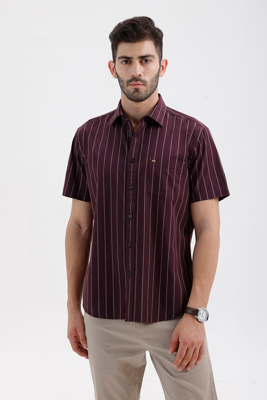 BASICS SLIM FIT FIG WINE COTTON STRIPE HALFSLEEVES SHIRT