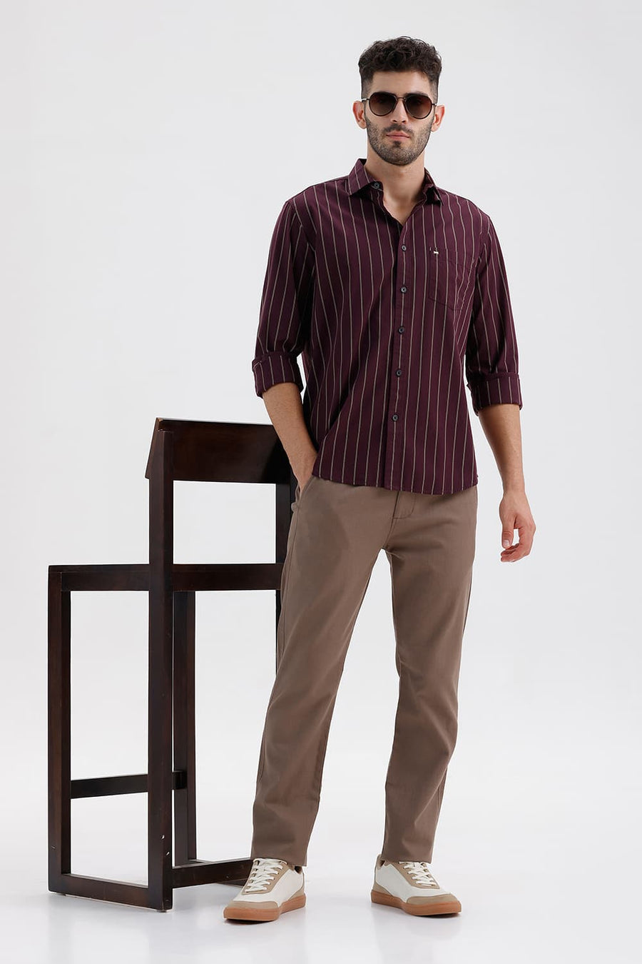 BASICS SLIM FIT FIG WINE COTTON STRIPE SHIRT