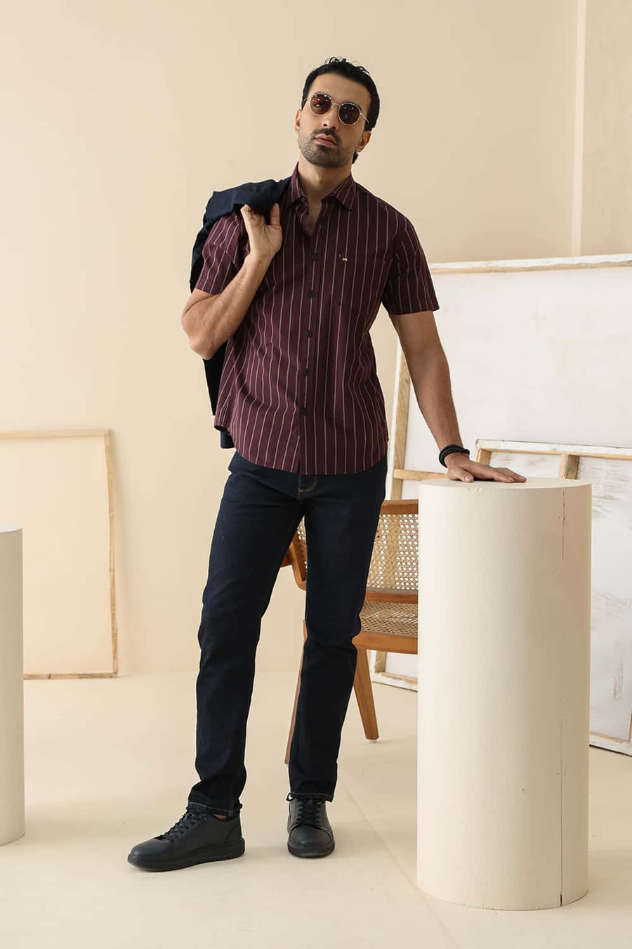 Basics Slim Fit Fig Wine Cotton Stripe Halfsleeves Shirt
