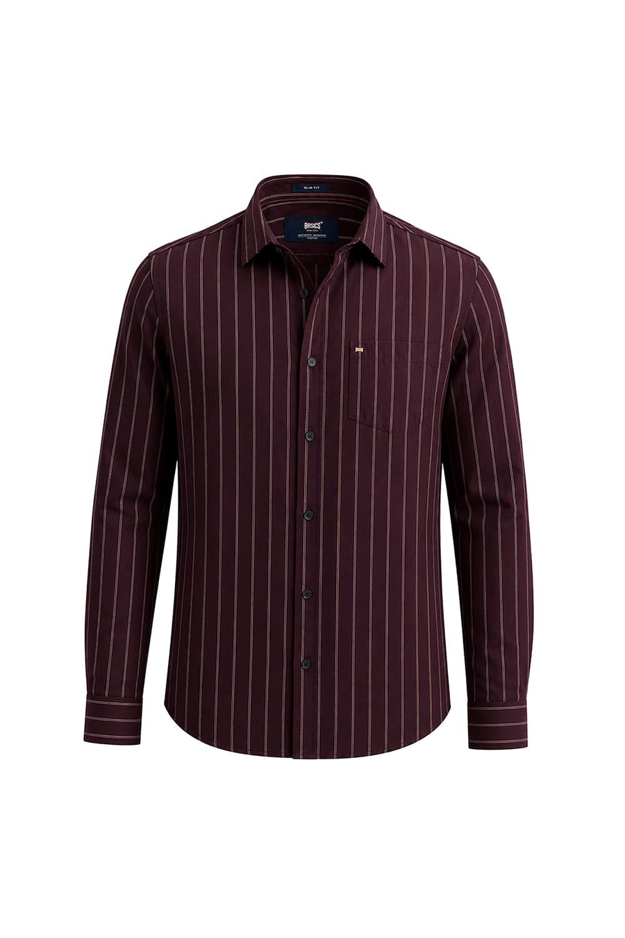 BASICS SLIM FIT FIG WINE COTTON STRIPE SHIRT