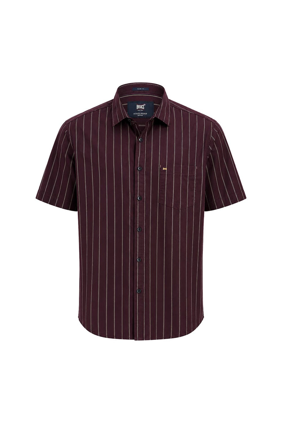 BASICS SLIM FIT FIG WINE COTTON STRIPE HALFSLEEVES SHIRT