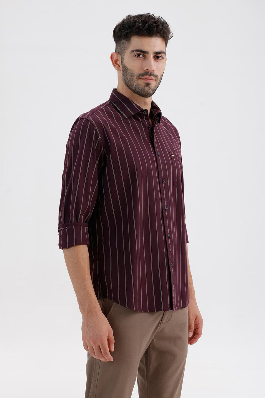 BASICS SLIM FIT FIG WINE COTTON STRIPE SHIRT