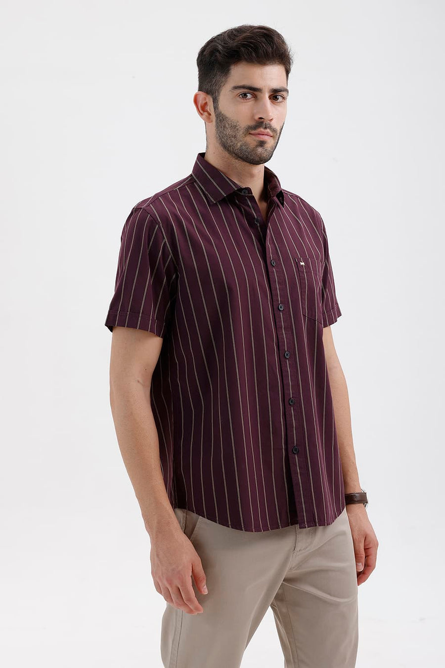 BASICS SLIM FIT FIG WINE COTTON STRIPE HALFSLEEVES SHIRT