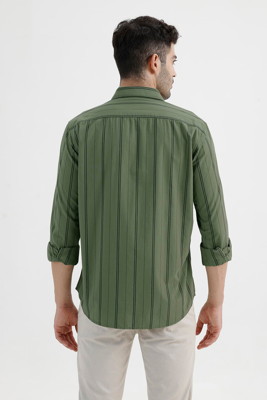 BASICS SLIM FIT OIL GREEN COTTON STRIPE SHIRT