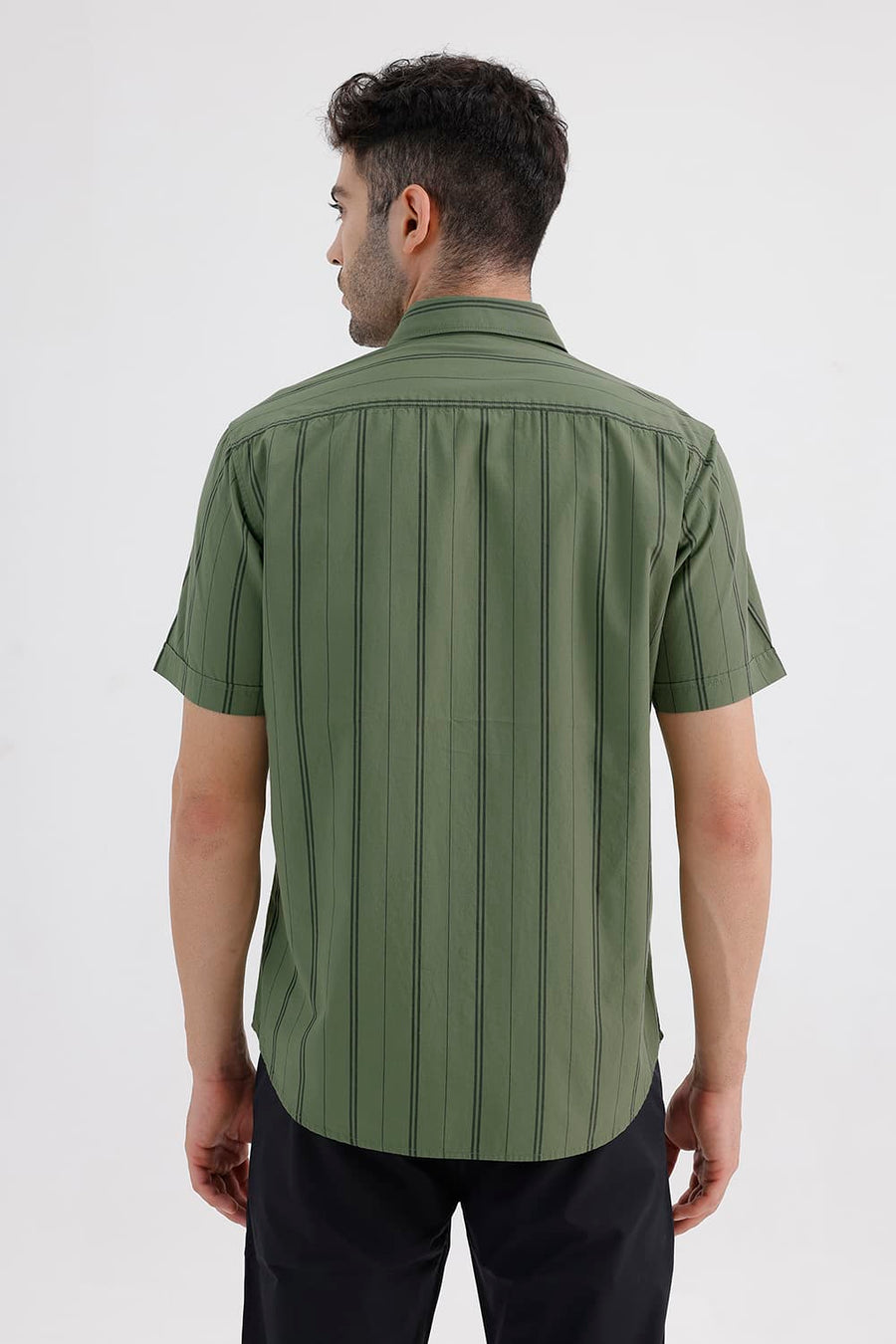 BASICS SLIM FIT OIL GREEN COTTON STRIPE HALFSLEEVES SHIRT
