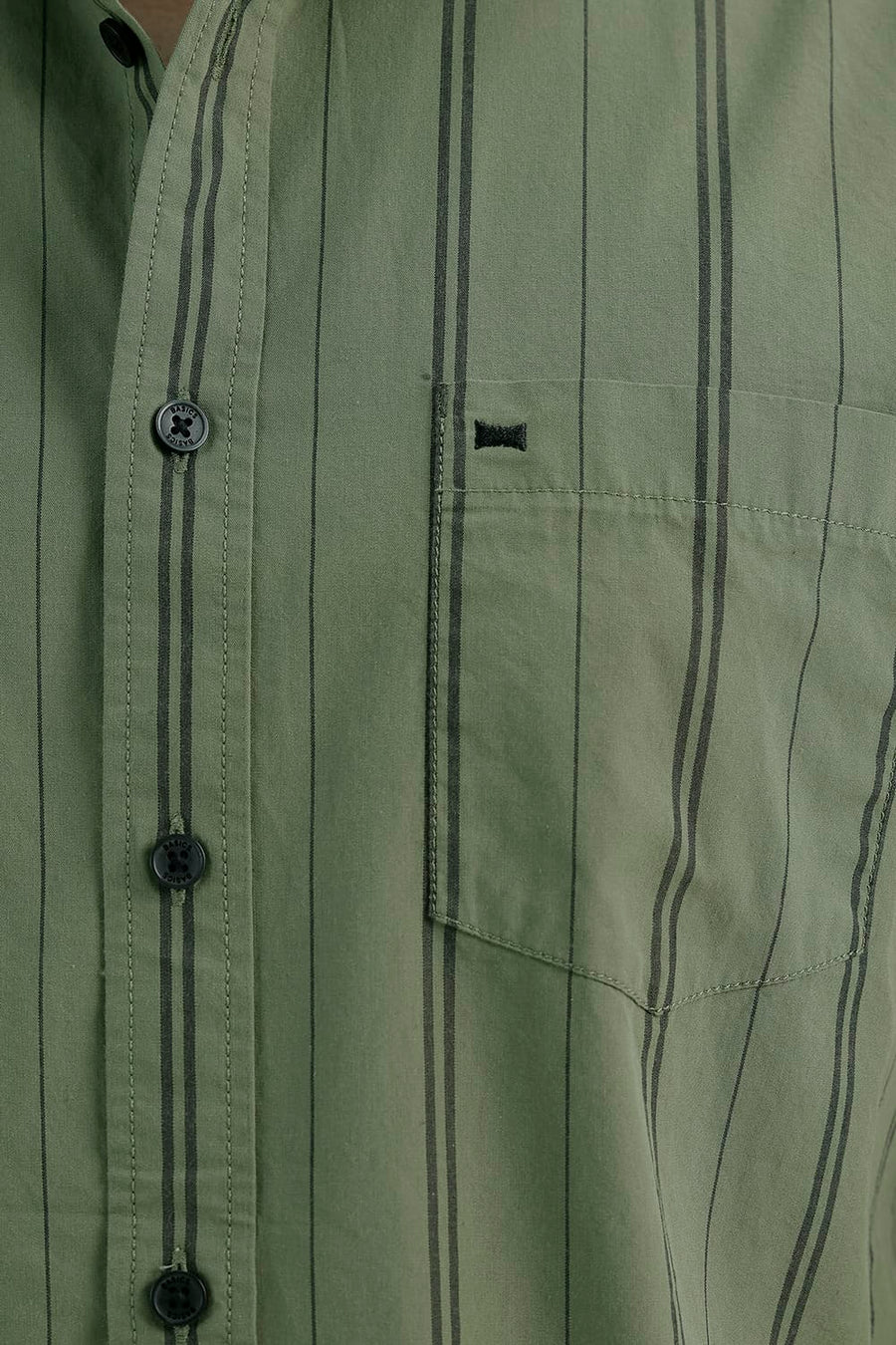 BASICS SLIM FIT OIL GREEN COTTON STRIPE SHIRT