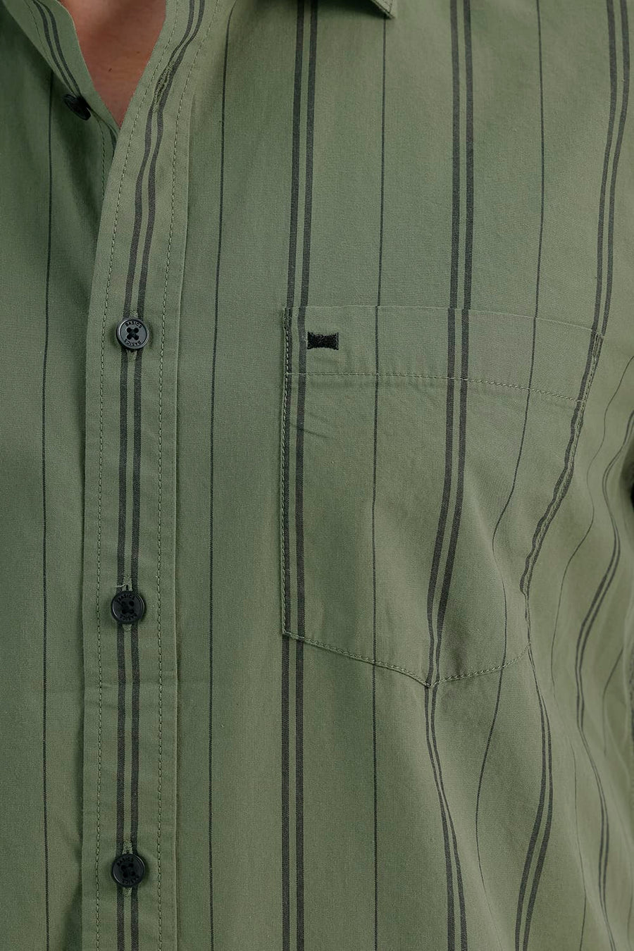 BASICS SLIM FIT OIL GREEN COTTON STRIPE HALFSLEEVES SHIRT