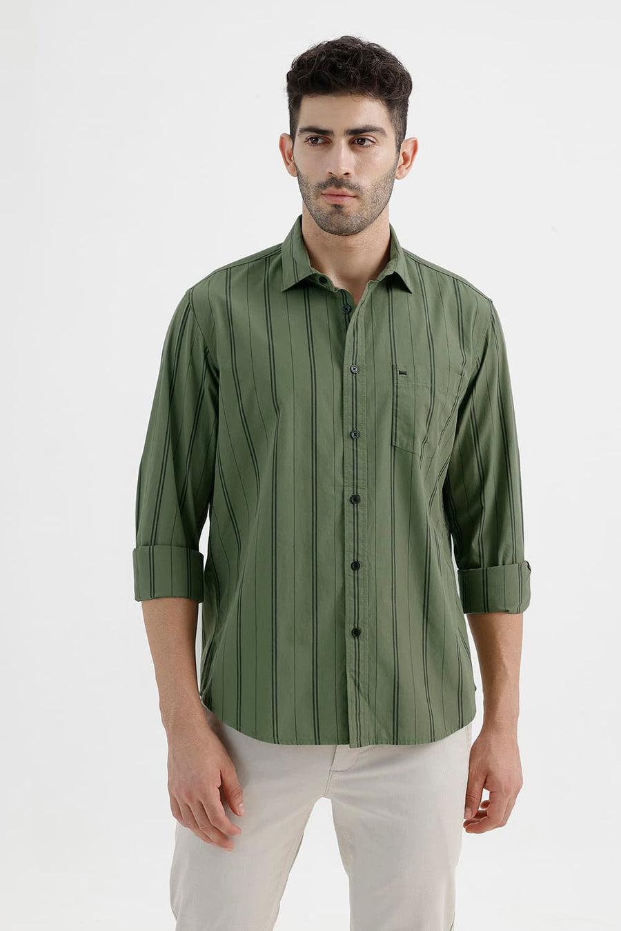 BASICS SLIM FIT OIL GREEN COTTON STRIPE SHIRT