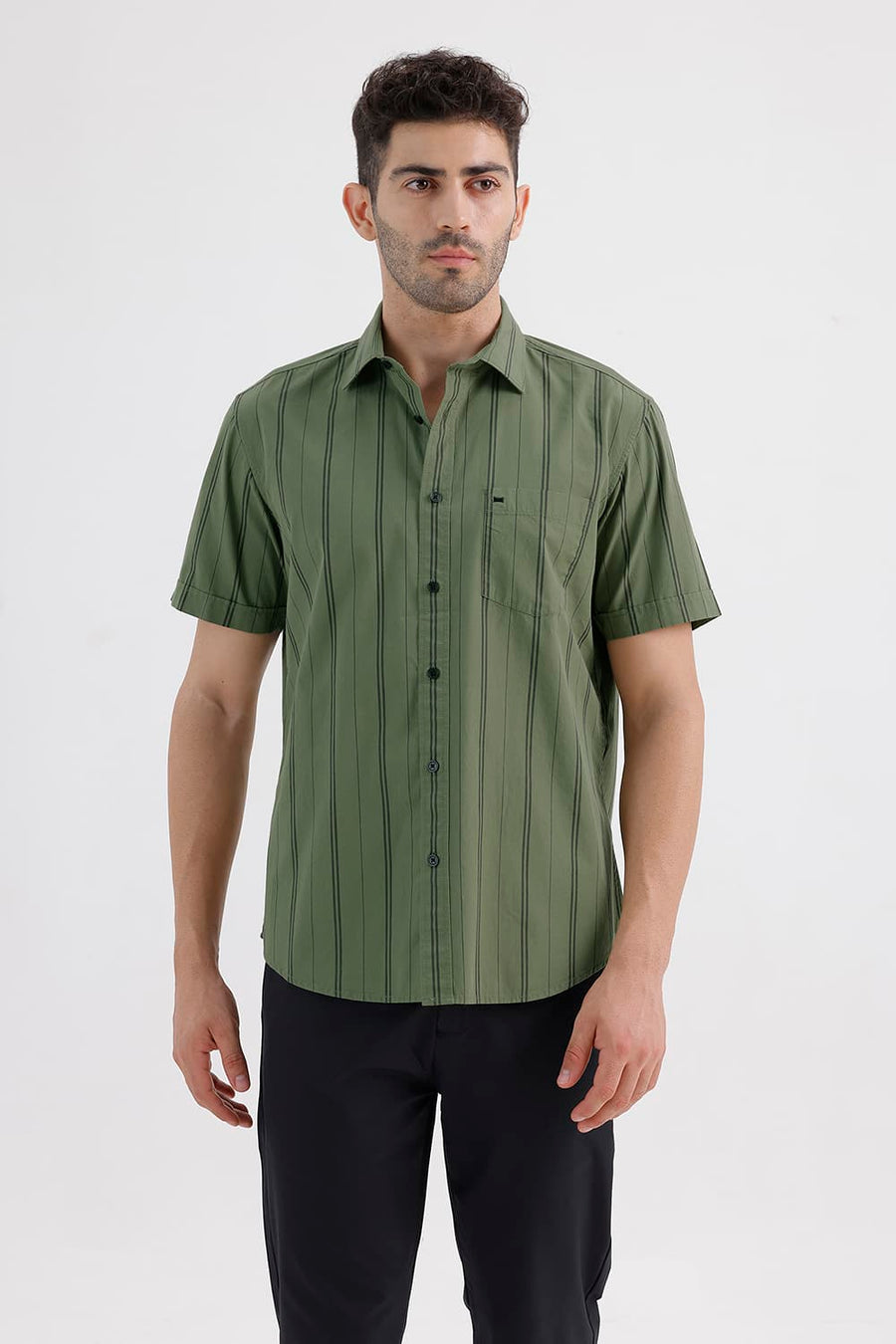 BASICS SLIM FIT OIL GREEN COTTON STRIPE HALFSLEEVES SHIRT