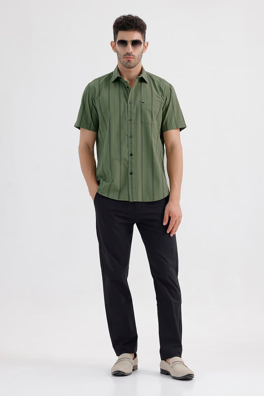 BASICS SLIM FIT OIL GREEN COTTON STRIPE HALFSLEEVES SHIRT