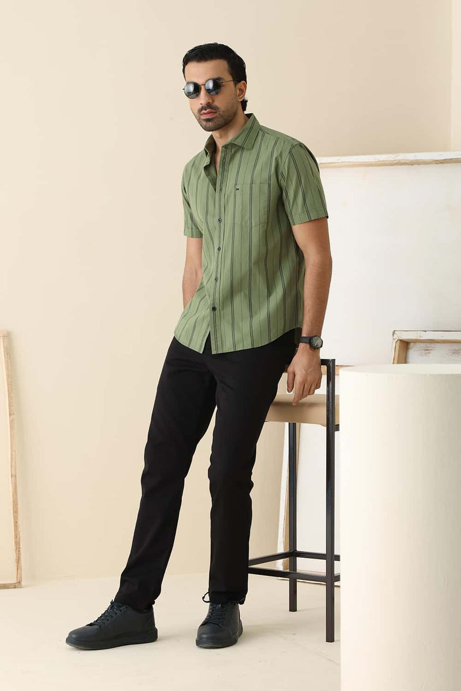 Basics Slim Fit Oil Green Cotton Stripe Halfsleeves Shirt