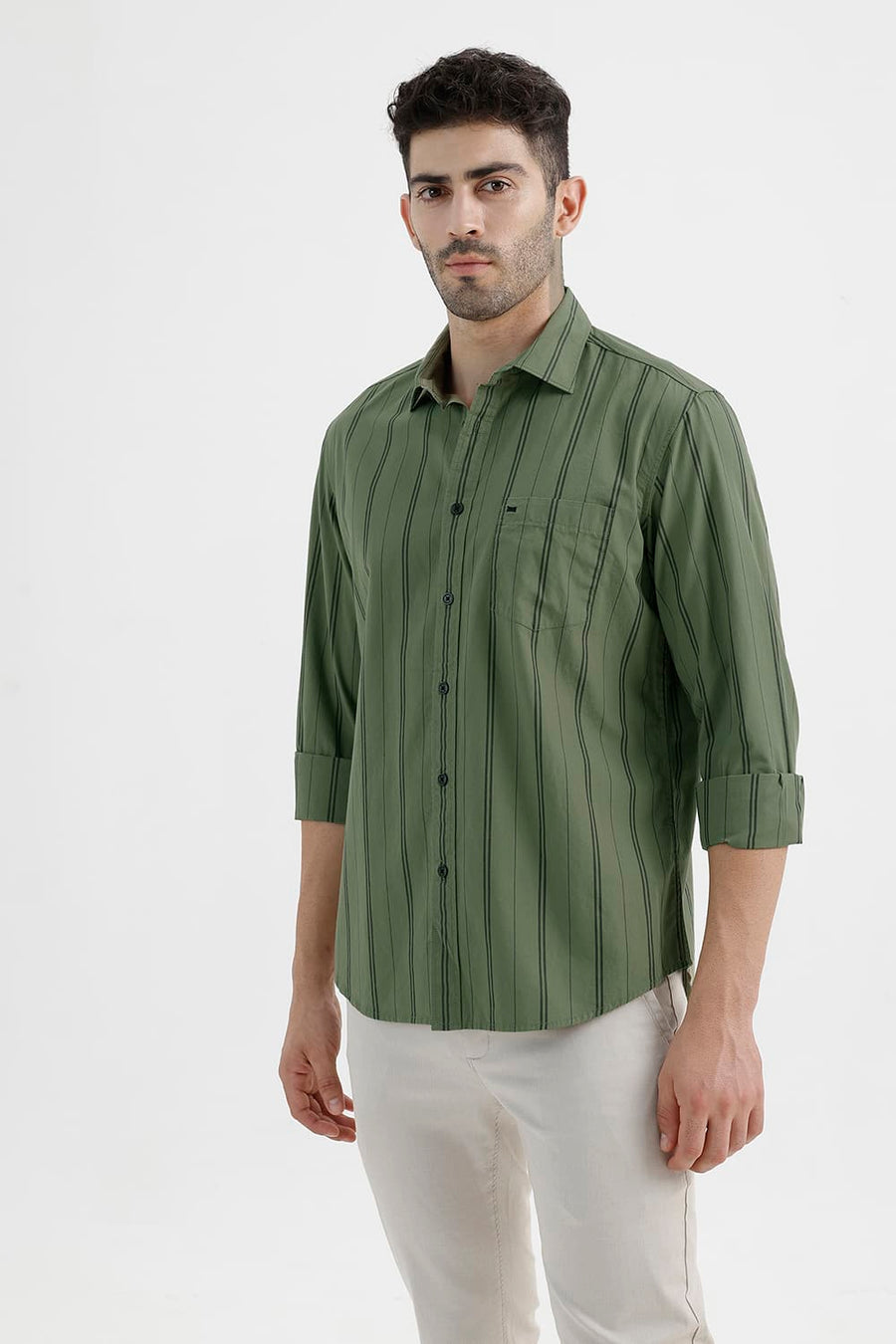 BASICS SLIM FIT OIL GREEN COTTON STRIPE SHIRT