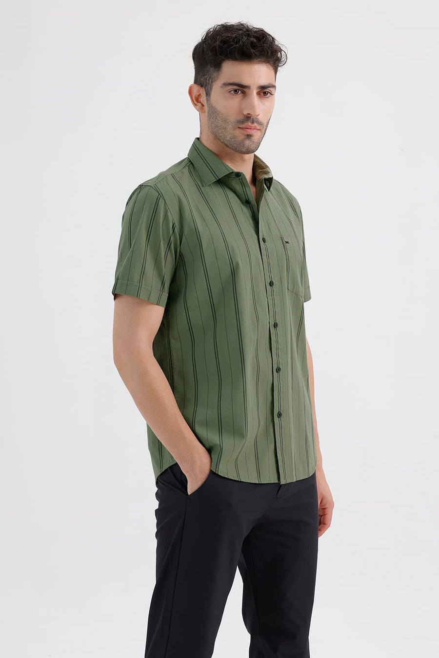 BASICS SLIM FIT OIL GREEN COTTON STRIPE HALFSLEEVES SHIRT