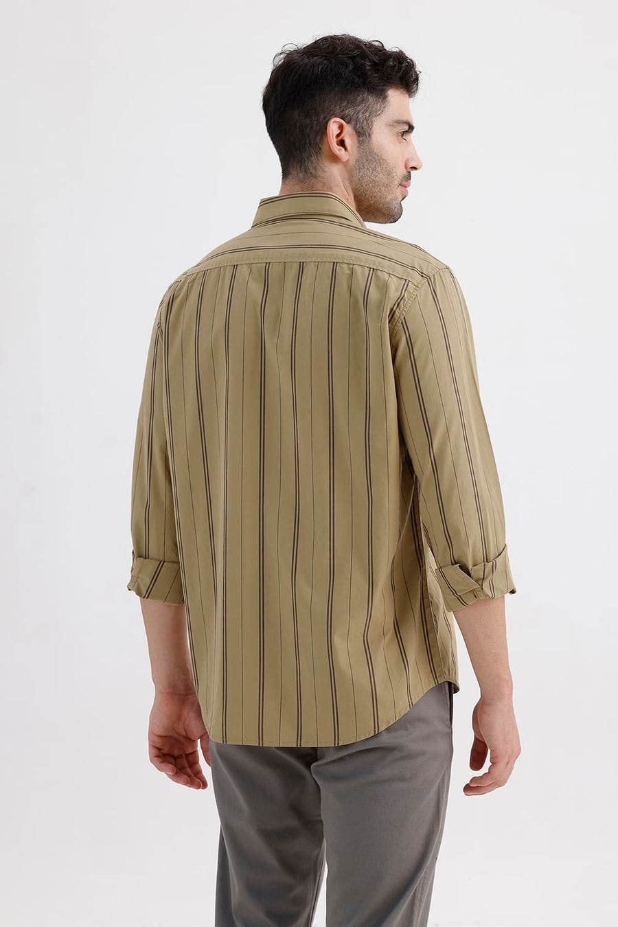 BASICS SLIM FIT LARK KHAKI COTTON STRIPE SHIRT