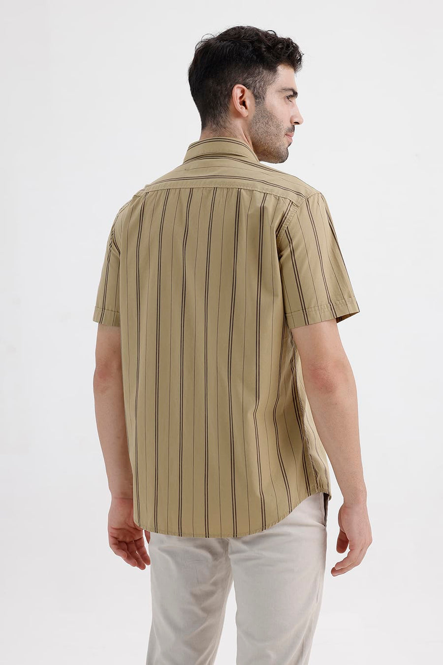 BASICS SLIM FIT LARK KHAKI COTTON STRIPE HALFSLEEVES SHIRT