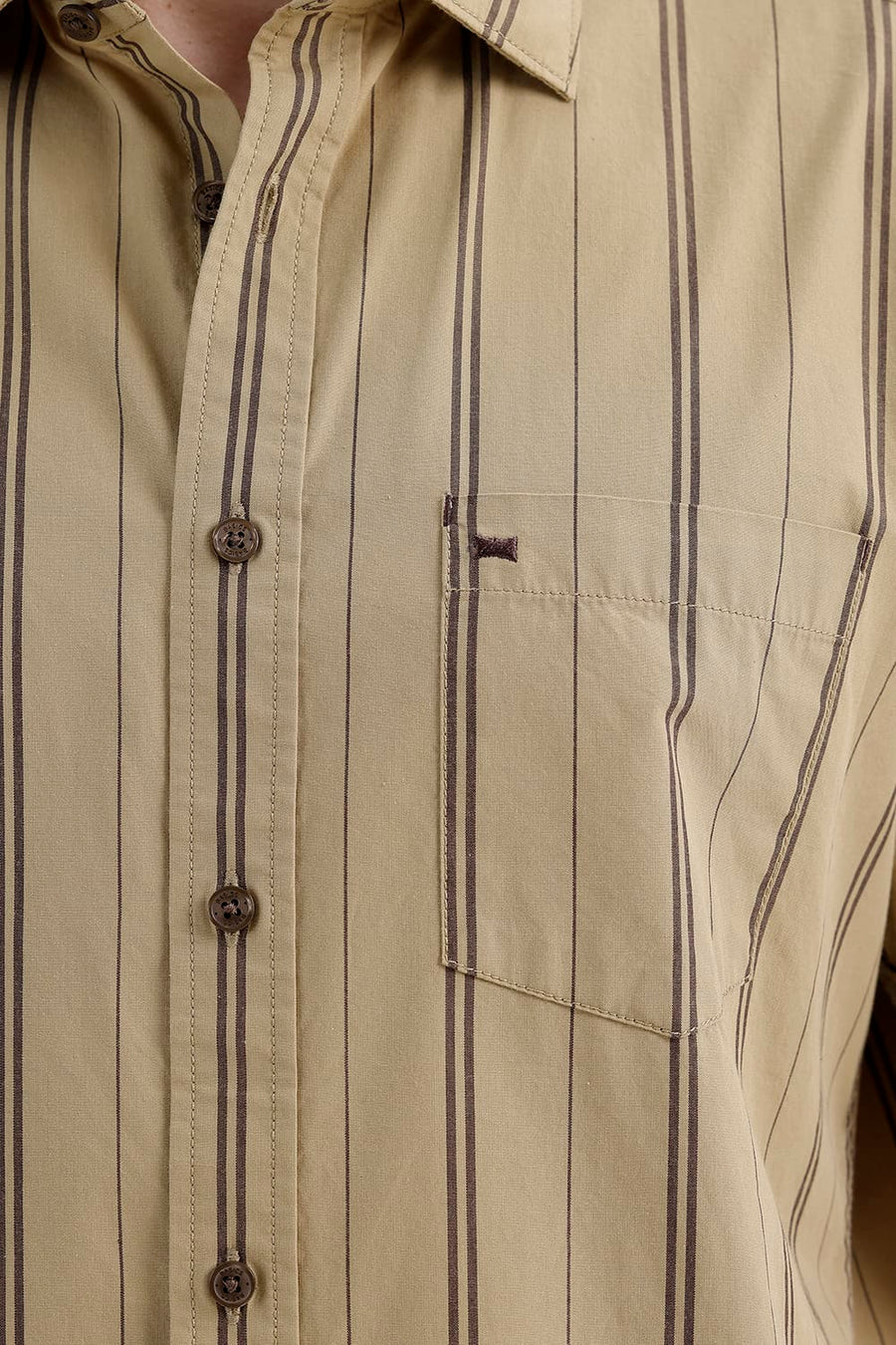BASICS SLIM FIT LARK KHAKI COTTON STRIPE HALFSLEEVES SHIRT
